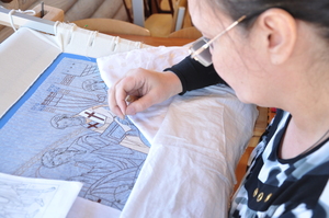 Плащаница Успение пресвятой Богородицы м престоящими лицевое шитье